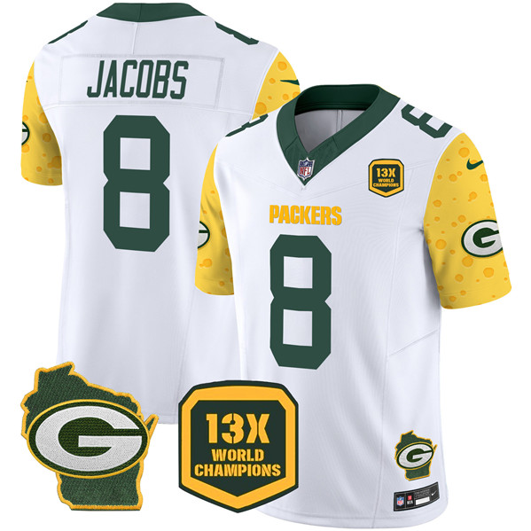 Men's Green Bay Packers #8 Josh Jacobs Cheese White 2024 F.U.S.E. 13 Time World Champions And Home Patch Vapor Untouchable Limited Stitched Football Jersey